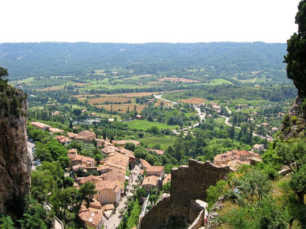 Moustiers-Sainte-Marie, Provence, France, Chapel Notre-Dame de Beauvoir, view on Provence, cypresses, town walls, ramparts
