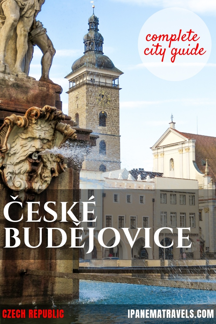 a fountain at the foreground on a square with a tower at the background and overlay text: Complete city guide to Ceske Budejovice in Czech Republic