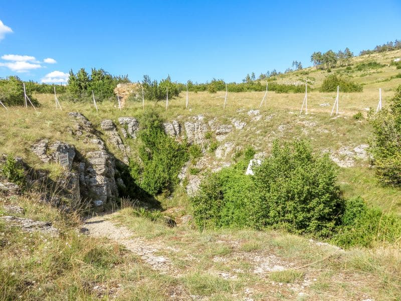 a field with a sinkhole in the middle lined up with rocks, the original entrance of Aven Armand in France