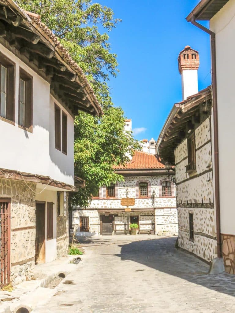 a lovely street with stone houses and a tall green tree in Bansko in summer