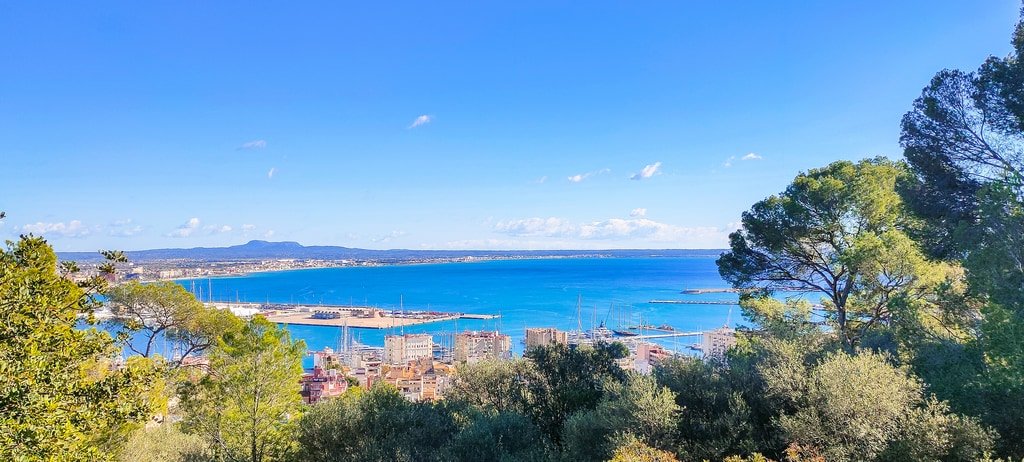 a view to the sea and a peninsula with hotels along the coastline and lots of green trees; view from Castell de Bellver in Palma