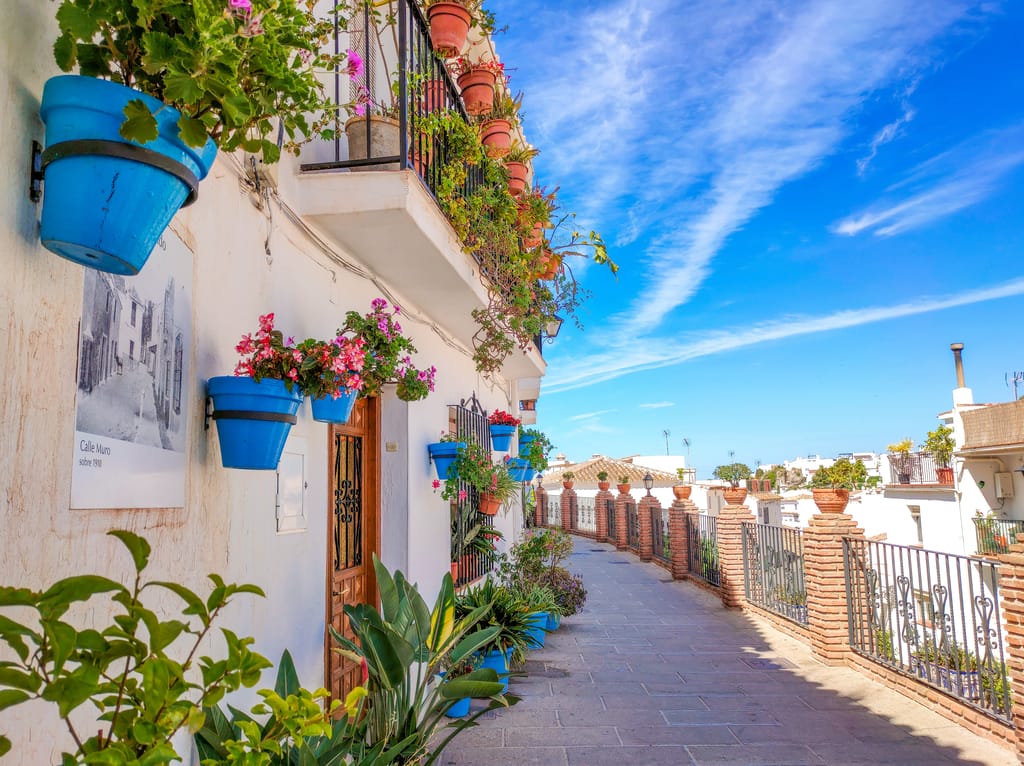 a narrow street along white houses with blue flower pots hanging on the walls with geraniums in bloom and other flowers; the White village of Mijas in Spain