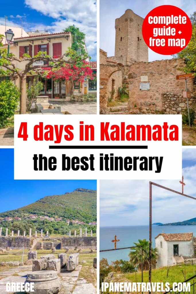 4 pictures of places to visit on a 4-day trip to Kalamata Greece. The 4-day itinerary in Kalamata include Kalamata, Ancient Messene, Koroni and Kardamyli
