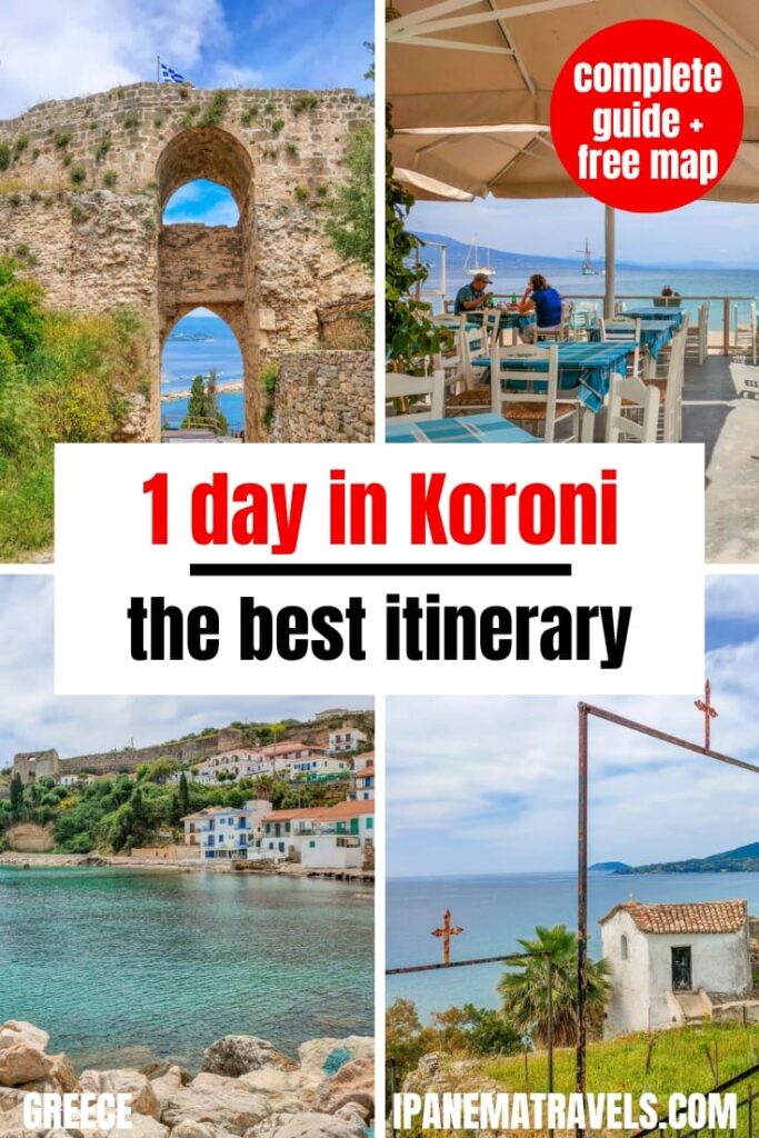 4 images of landmarks in Koroni with overlay text: 1 Day in Koroni: the best itinerary.