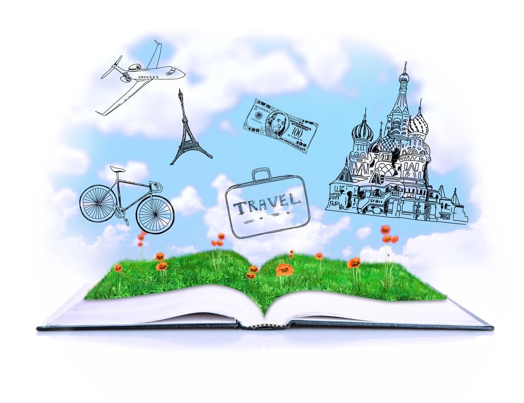 An open book with grass and flowers on its pages. Above it are illustrations of a plane, Eiffel Tower, bicycle, dollar bill, travel suitcase, and Saint Basil's Cathedral, set against a sky with clouds.
